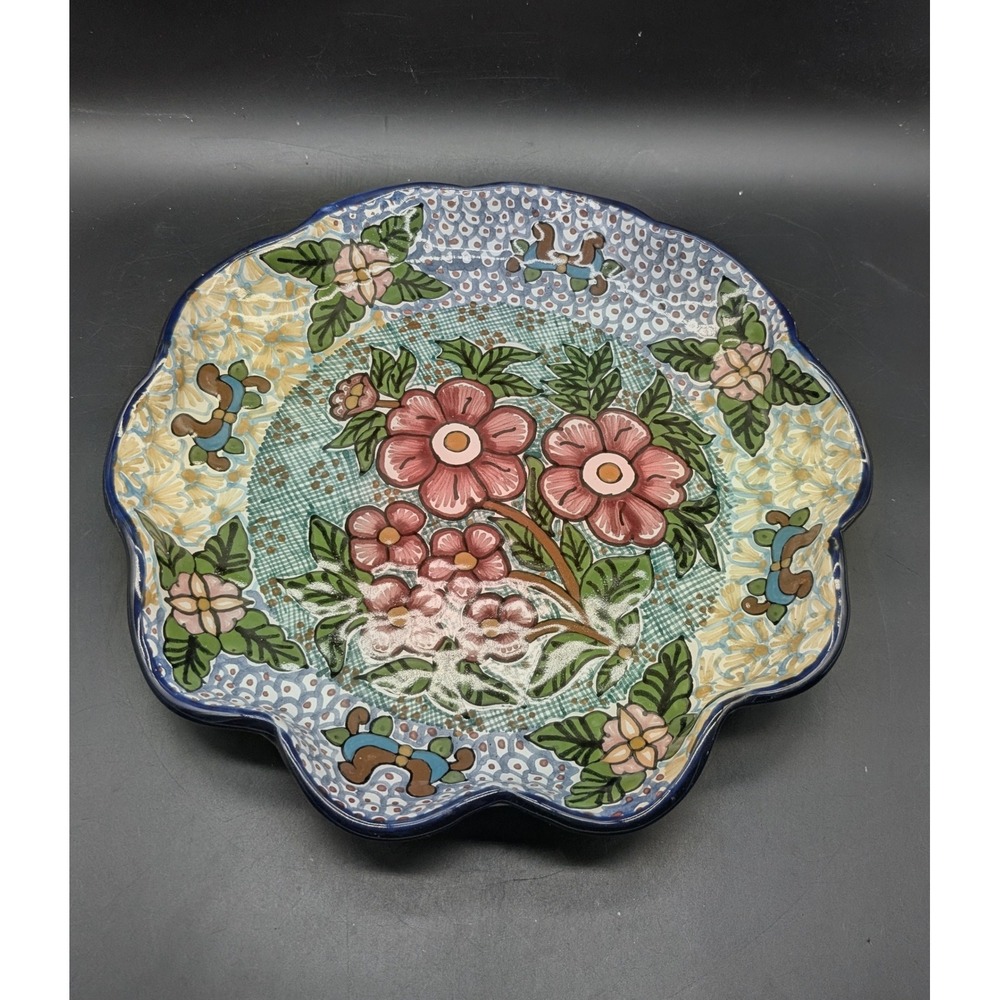 V Perez Talavera Plate Hand Painted Mexican Pottery Floral Scalloped Puebla 12"